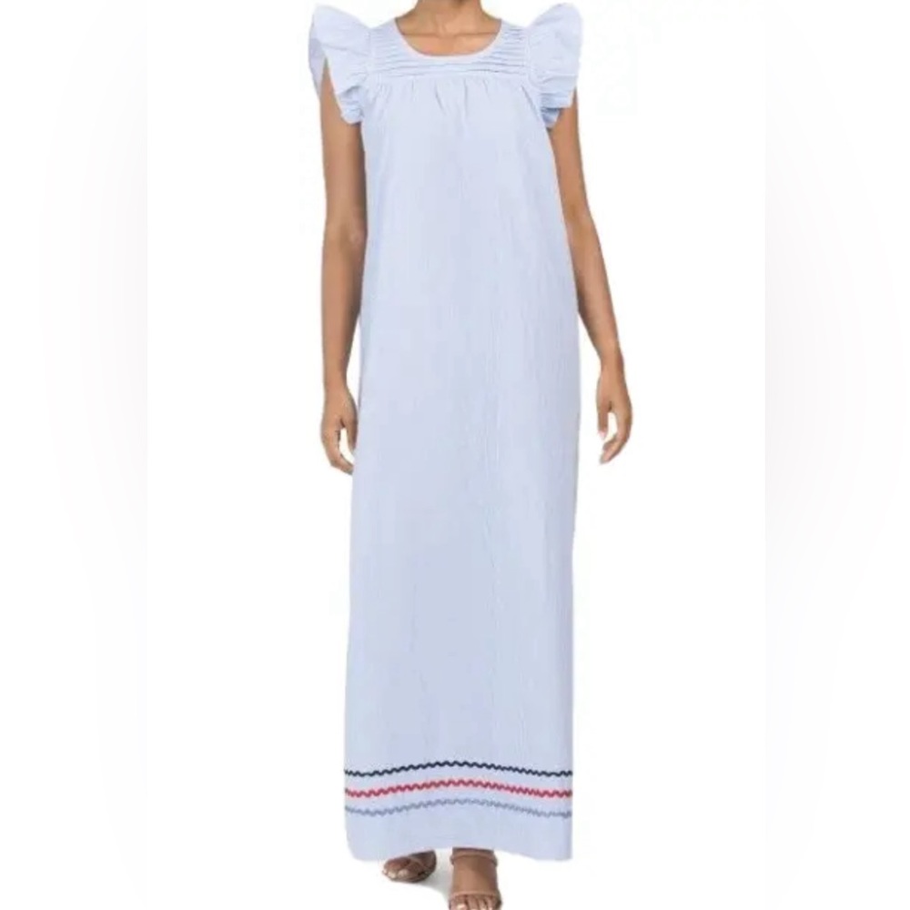 Sail to Sable Light Blue Maxi Dress with Red & Navy Trim